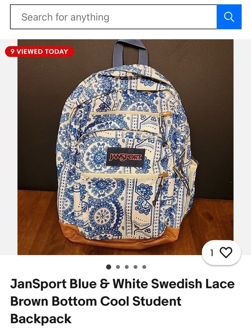 NWT JanSport City View Blue & White Patterned Backpack with Tan Accents